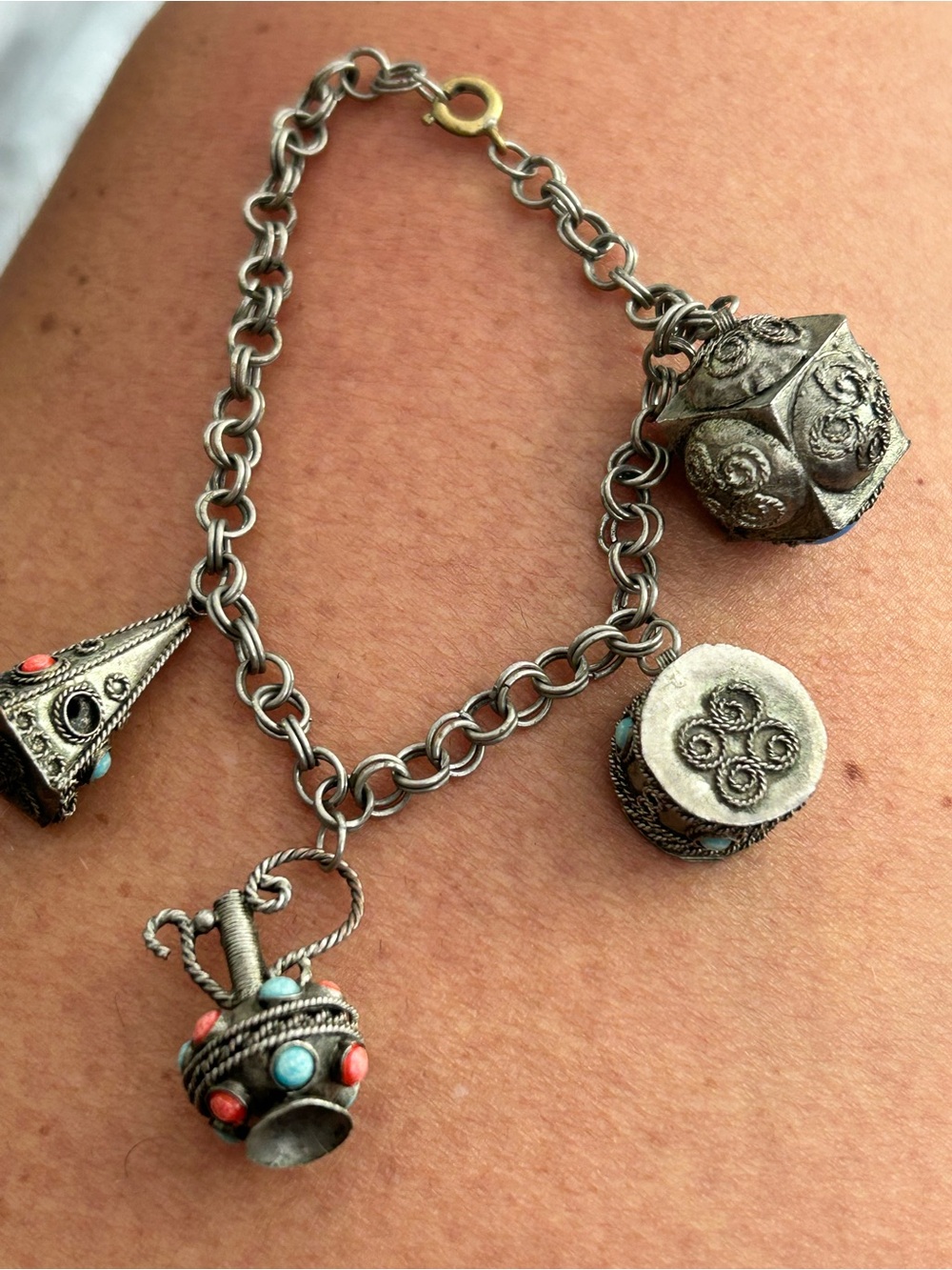 Sterling Silver Charm Bracelet with Turquoise and Coral Accents